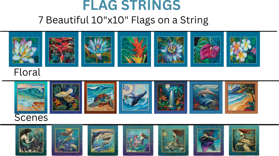 Flag strings: Florals, Mermaids and Scenes, seven flags each